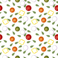 Fototapeta premium Seamless pattern of fresh Vegetable slices Red tomat, green cucumber, yellow pepper, white onion. Light background. Keto diet. Packaging for healthy foods, as wrapping paper, wallpaper, posters