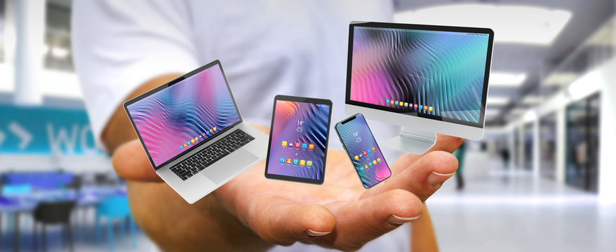 Businessman connecting modern smartphone tablet laptop and computer 3D rendering