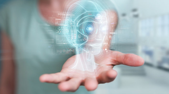 Woman using digital artificial intelligence head interface 3D rendering
