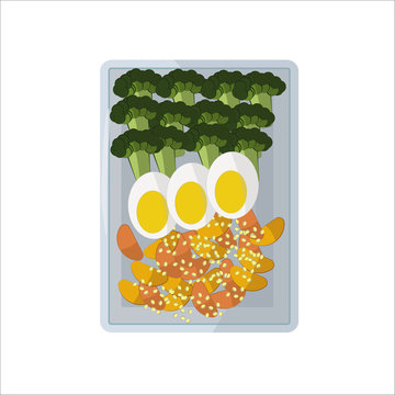 Isolated vector food images. Vegetable slices on a white rectangular plate. Green broccoli, egg halves, fried potatoes, sesame seeds. For icons in the menu websites. Vector