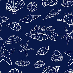 Collection of sea marine ink doodles on blue backdrop. Seamless pattern. Endless texture. Can be used for printed materials. Vacation holiday background. Hand drawn design elements. Festive print.