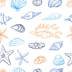 Collection of sea marine ink doodles on white backdrop. Seamless pattern. Endless texture. Can be used for printed materials. Vacation holiday background. Hand drawn design elements. Festive print.
