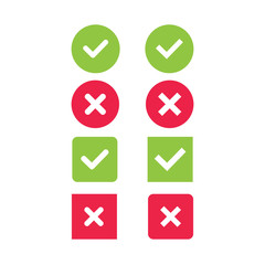 Check mark icon, green check mark and red cross. 