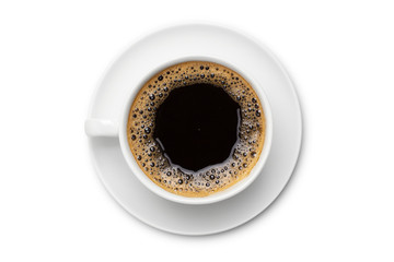 coffee black in white ceramic cup, top view  isolated on white background.