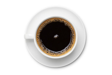 coffee black in white ceramic cup, top view  isolated on white background.