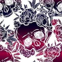 Vector illustration. Halloween. Skull with peonies. Handmade, prints on T-shirts, background white, tattoos. Violet blue colors. seamless pattern