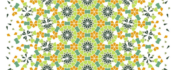 Arabesque islamic vector seamless pattern. Geometric halftone texture with color green tile disintegration or breaking