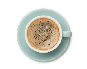 coffee black in ceramic cup, top view  isolated on white background.