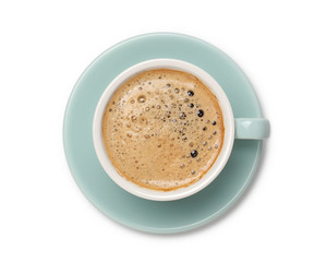 coffee black in ceramic cup, top view  isolated on white background.