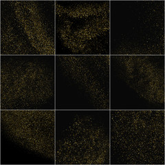 Set of Gold Glitter Texture Isolated on Black. Amber Particles Color. Celebratory Background. Golden Explosion of Confetti. Digitally Generated Image. Vector Illustration, EPS 10.