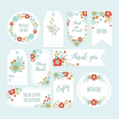 Fototapeta na wymiar Set of Romantic Flower Thank You Tag set with Hand Drawn Spring flower. Gift tags, Labels with Flower Template. Printable. Vector - Illustration