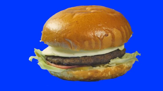 4k American burger with cherry tomatoes cutlets made from natural meat calf or pork with lettuce eggs and a tasty muffin poured over a sauce. Rotates in a circle on an isolated blue background 50 fps
