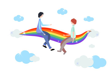 Homosexual symbols. Two men are sitting on a rainbow among the clouds. Rainbow striped coloring in gay pride flag. Concept of same-sex homosexual relationships of bisexual, gay and lesbian. Vector