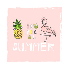 tropical summer background with cute cartoon items