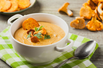 Delicious soup, cream with mushroom chanterelles.