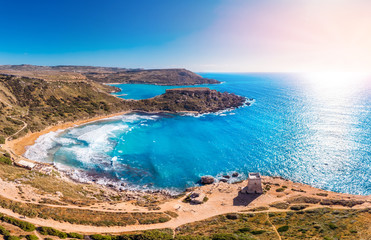 Golden Bay summer tourist resort beach azure water sea, Malta. Concept travel