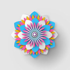 Paper cut flower isolated Japanese origami. Vector blossom folder in decorative shapes and figures, buds and leaves on grey, realistic card decor