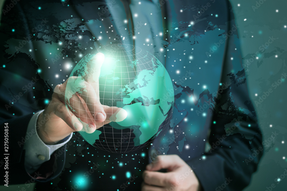 Poster man with digital model of earth, closeup. concept of global network connection