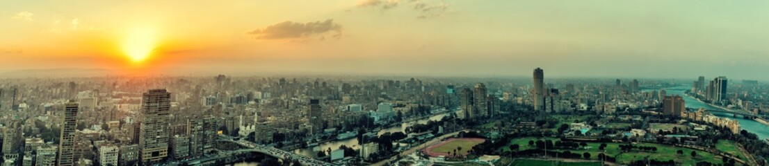 Panorama of Cairo at sunset, aerial view