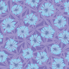 A seamless vector pattern with blue chickory flowers on purple background. Surface print design.