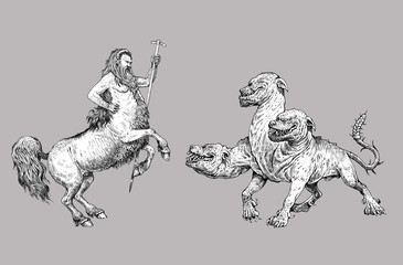 Monster illustration. Multi headed dog Cerberus and Centaur comparison. Fantasy drawing.
