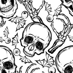 Halloween. Vector illustration. Skull. Eyes with wings,bones.Handmade, prints on T-shirts, background white, tattoos. seamless pattern