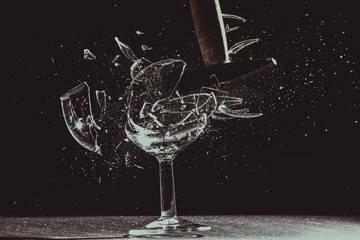 glass explosion high speed photography at the black background