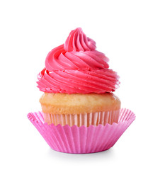 Sweet tasty cupcake on white background