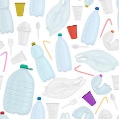Vector seamless pattern with plastic objects. Stop ocean pollution. Waste in water. Garbage underwater. Environmental Protection. Bottle, plastic cup and bag, disposable tableware. Wrapping, header