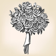 bouquet of roses, greeting card hand drawn vector illustration realistic sketch