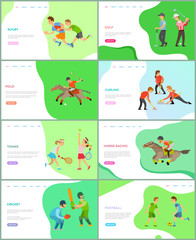 Fototapeta premium Polo and tennis game vector, british sports and competitions woman playing together using rackets and balls, racing and curling, cricket football. Different types of english sport