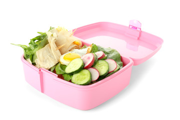 School lunch box with tasty food on white background