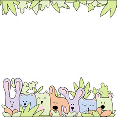 Vector line drawing. Doodle illustration. Animals look out of the leaves. Poster template, greeting card, birthday invitation, children's party , friendship Day .