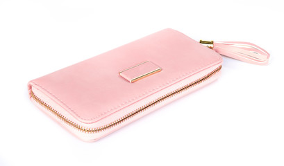 Closeup modern pink color woman wallet on white background