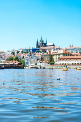 View from a cruise boat of the Malá Strana area and Moldau river in Prague, Czech Republic