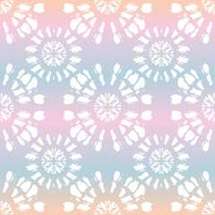 Boho White Tie-Dye Shibori Mirrored Sunburst Mandala on Holographic Background Vector Seamless Pattern