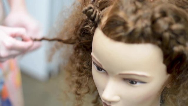 Professional hairstylist works on test wig in training school.
