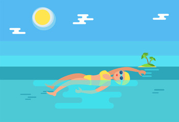Fototapeta na wymiar Backstroke swimmer in sea water performing stroke. Female sportswoman swimming by island with growing tropical palm tree. Professional sport vector
