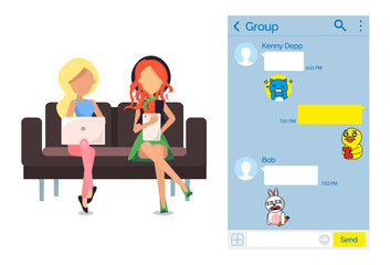 Girls on couch with laptop and tablet using kakao talk Korean messenger vector. Chat or dialog interface, modern gadgets application, texting and stickers