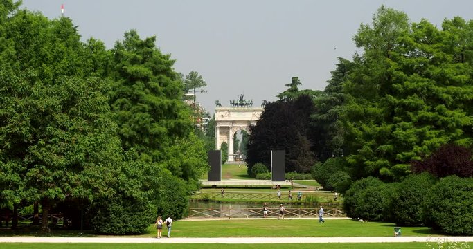 Arco della Pace (The Peace Arch) Milano viewed from parco sempione in a summer morning