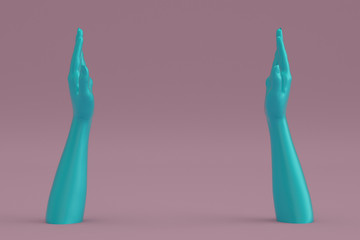 Blue hands  on a pink background,3D illustration.