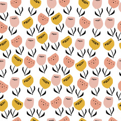 Nahtloses Blumenmuster mit kreativen Pastellblumen im skandinavischen Stil. Schöner Sommertulpenhintergrund für Postkarten, Poster, Stoffe, Vintage-Textilien und mehr. Vektor.