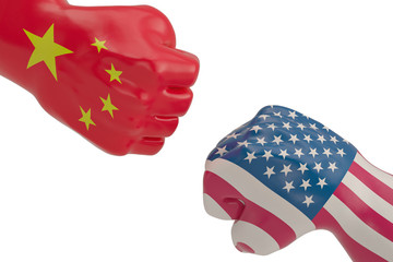 China vs usa punching fists  isolated on white background 3D illustration.