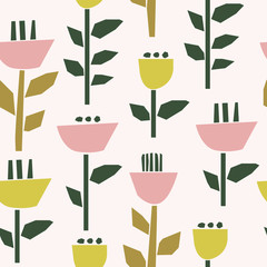 Materiał do szycia Seamless pattern with stylized applique flowers in scandinavian style. Decorative print for textile, fabric and more. Vector background, clipart.