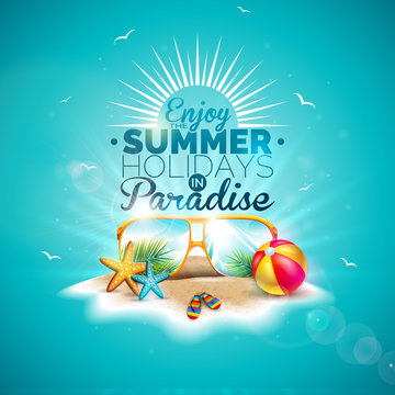 Enjoy the Summer Holiday Illustration with Typography Letter and Sunglasses on Ocean Blue Background. Vector Design with Starfish and Beach Ball on Paradise Island for Banner, Flyer, Invitation