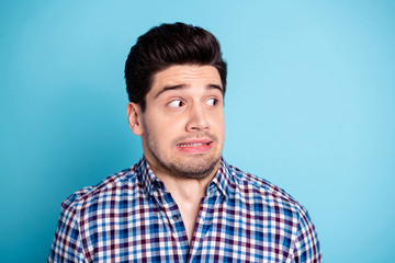 Close up photo of disappointed horrified man anxious stupor have failure want disappear frightened...