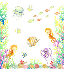 watercolor, underwater world, background, seamless pattern