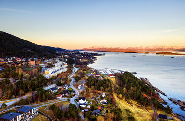 Aerial view of residential area in Molde, Norway in the evening. Beautiful fjord