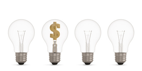 Light bulb and currency symbol isolated on white background 3D illustration.
