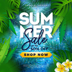 Summer Sale Design with Tropical Palm Leaves and Flower on Blue Background. Vector Special Offer Illustration with Summer Holiday Elements for Coupon, Voucher, Banner, Flyer, Promotional Poster